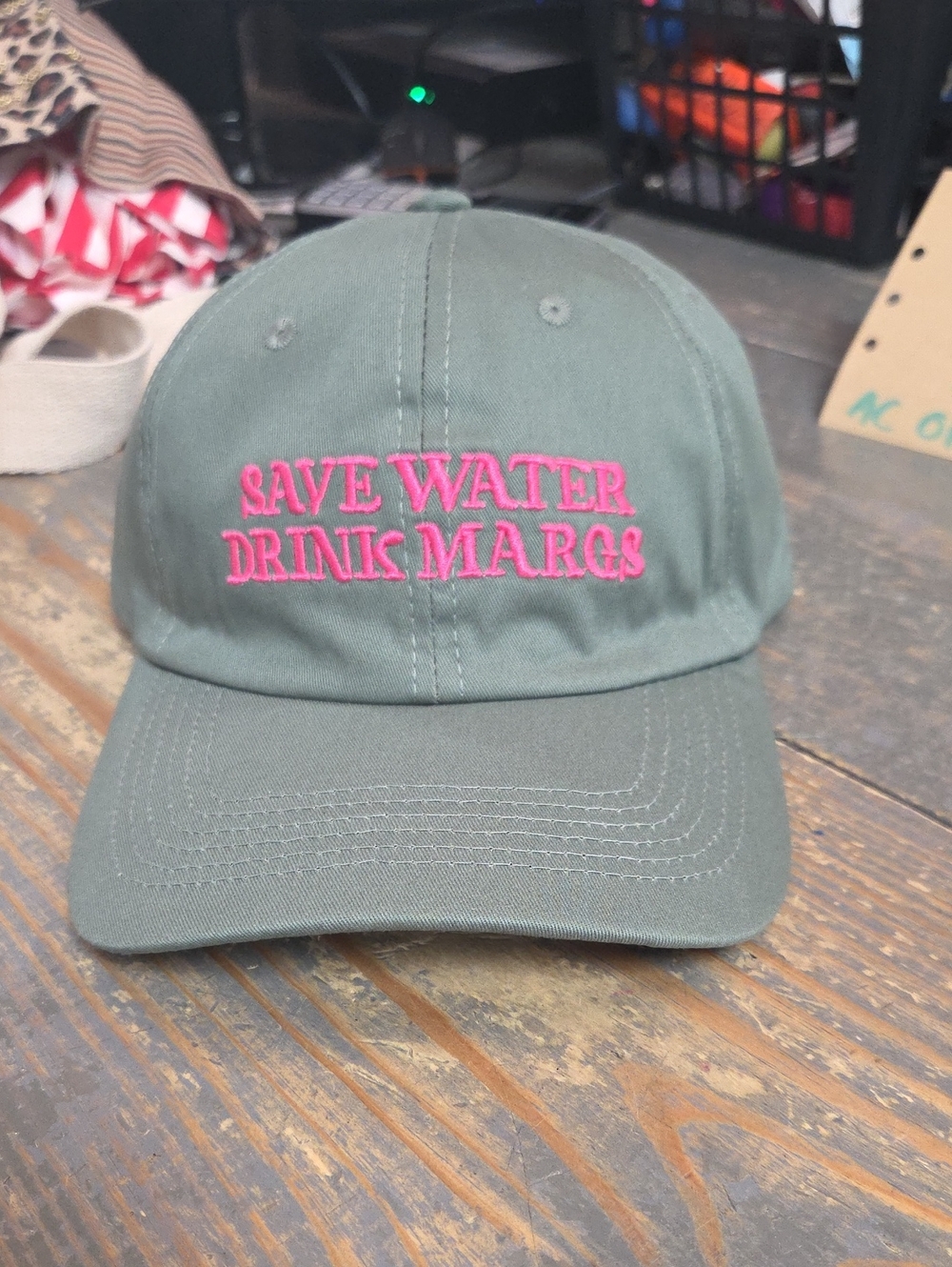 Green Baseball Cap with Pink "SAVE WATER DRINK MARGS" Embroidery